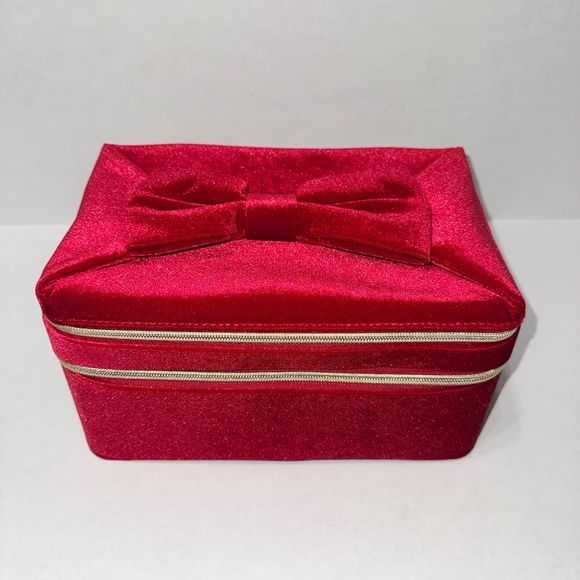 Estee Lauder Handbags - Estee Lauder 2024 Red Bow Handle Train Case-Makeup Bag-Velvet-2 Compartments
